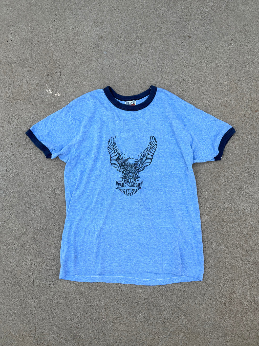 Vintage Harley-Davidson Eagle Shield Logo Ringer Tee Blue XL