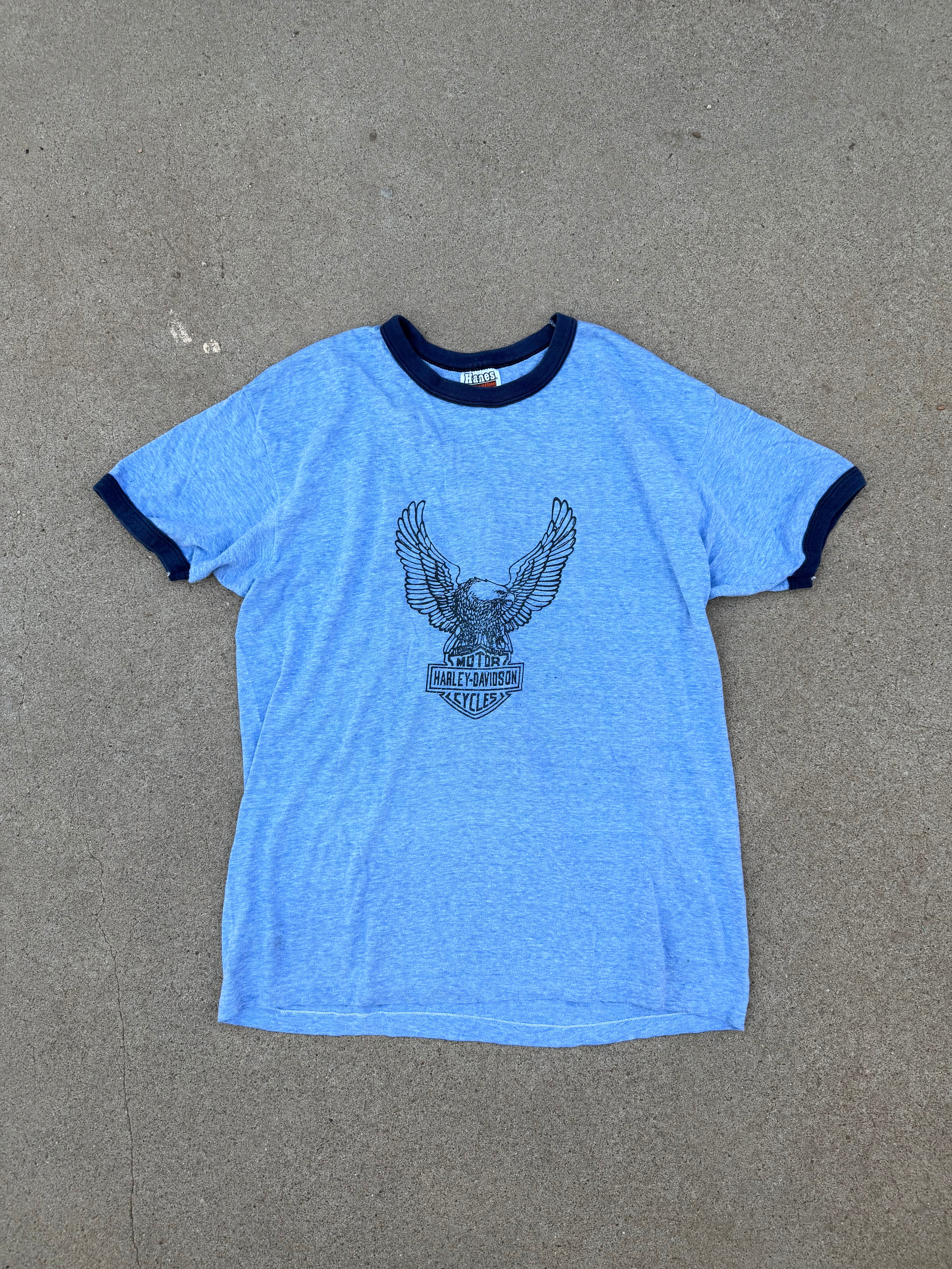 Vintage Harley-Davidson Eagle Shield Logo Ringer Tee Blue XL