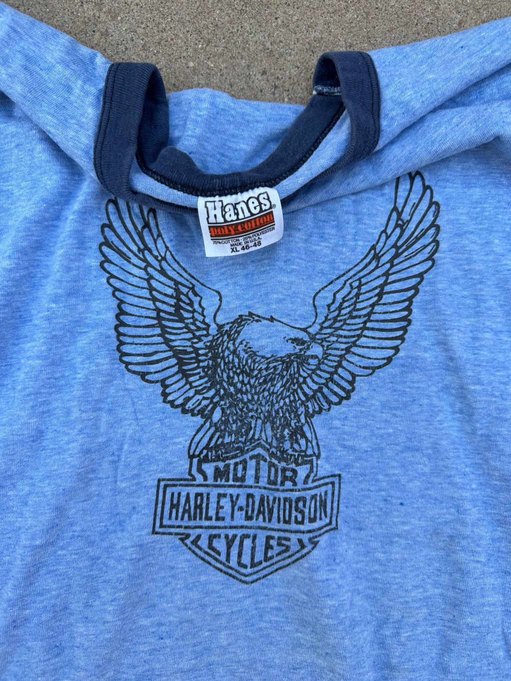 Vintage Harley-Davidson Eagle Shield Logo Ringer Tee Blue XL