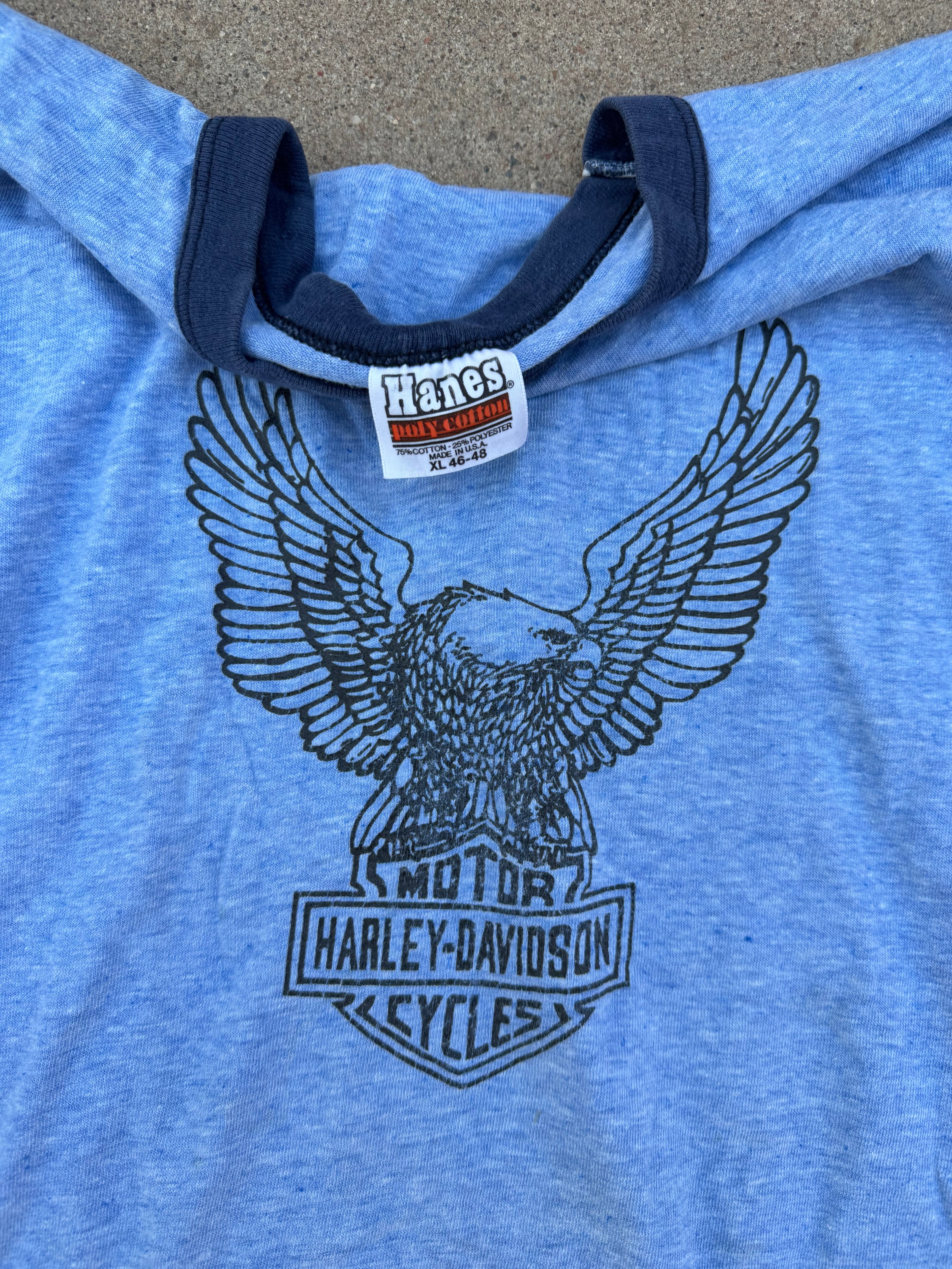 Vintage Harley-Davidson Eagle Shield Logo Ringer Tee Blue XL