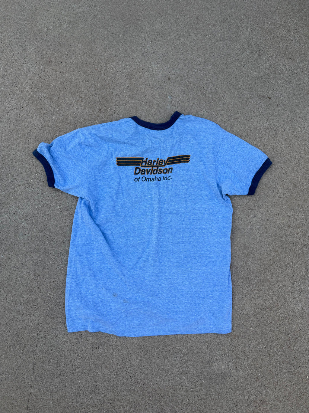 Vintage Harley-Davidson Eagle Shield Logo Ringer Tee Blue XL