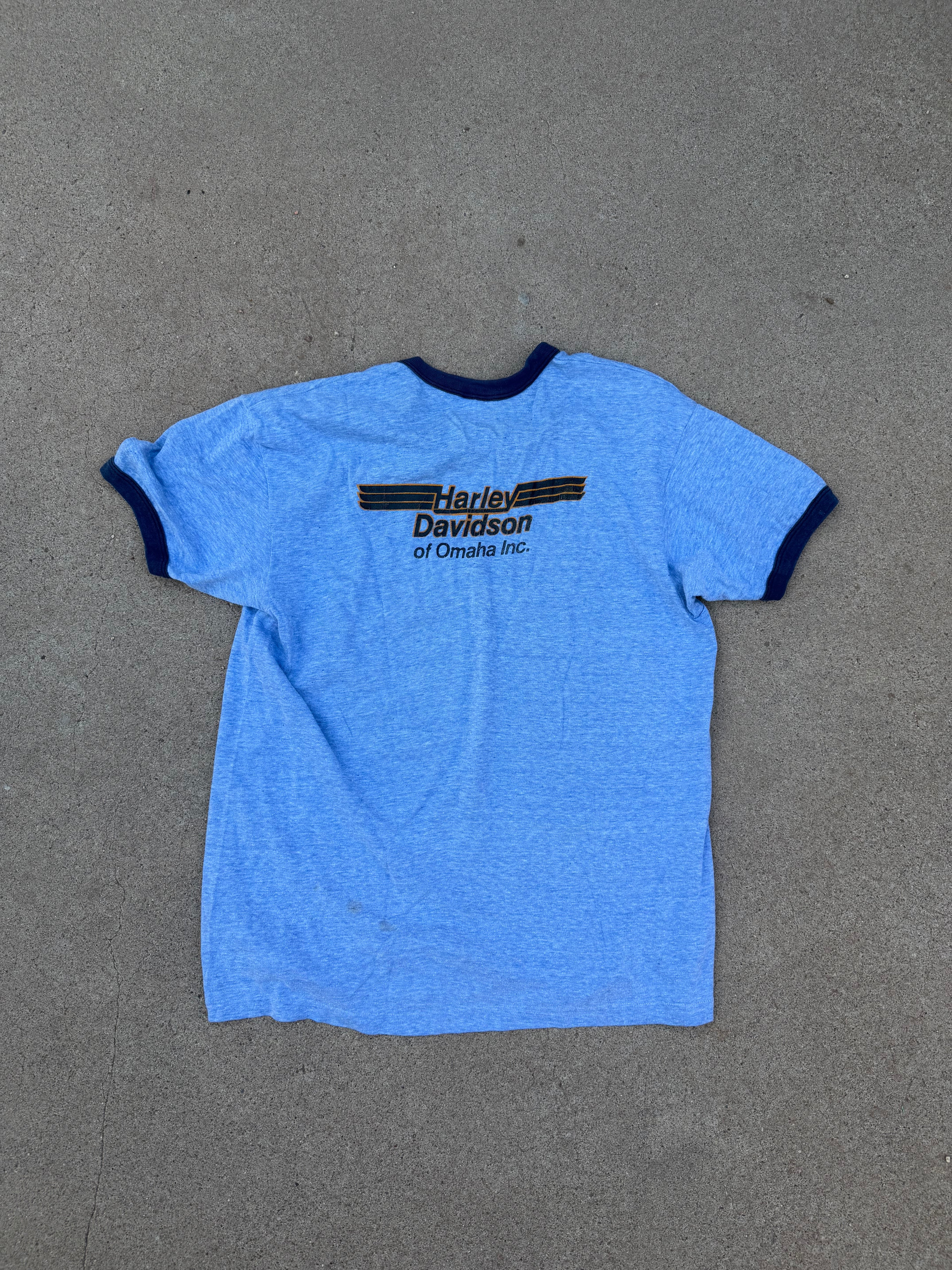 Vintage Harley-Davidson Eagle Shield Logo Ringer Tee Blue XL